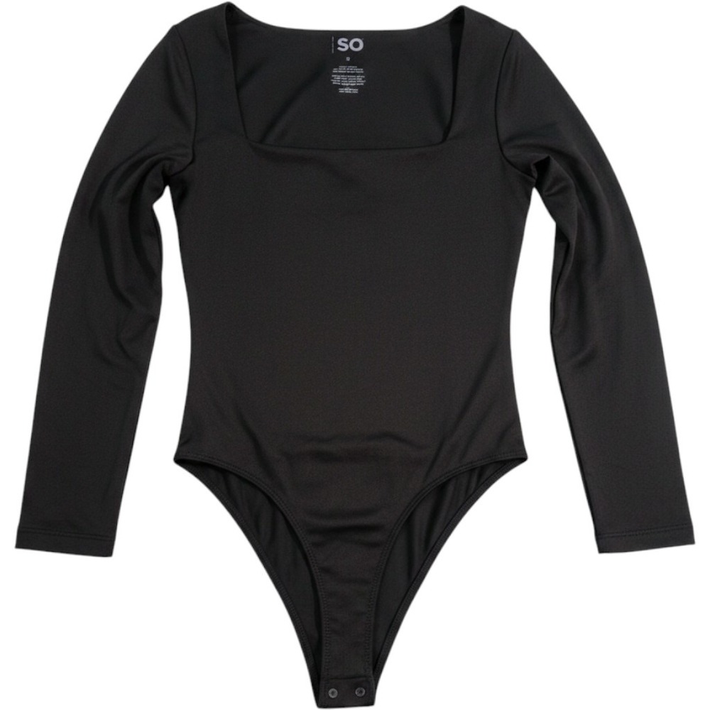 SO Womens Black Square Neck Long Sleeve Thong Bodysuit Size S Snap Closure